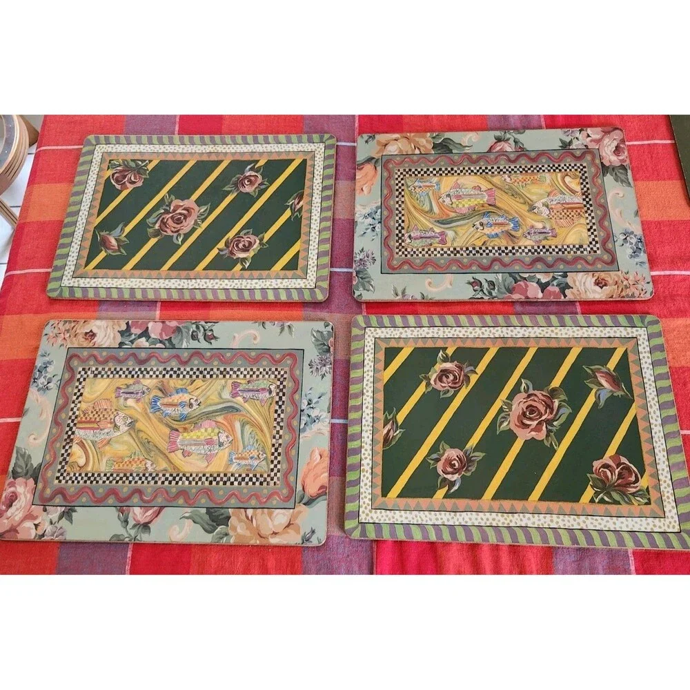 Set of 5 Mackenzie Childs Cork Placemats 3 Courtly Check Fish 2 Roses Floral